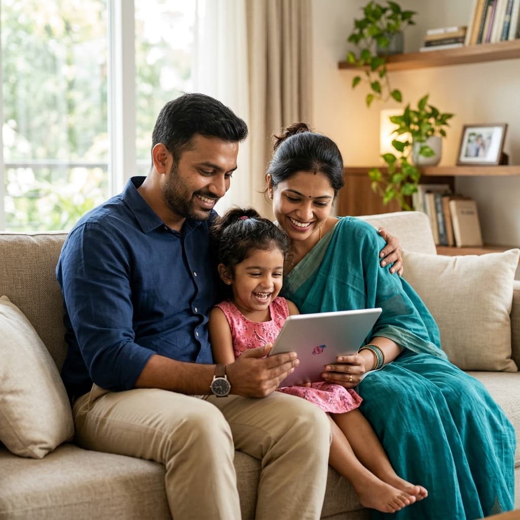 Happy Indian Family Using Tablet